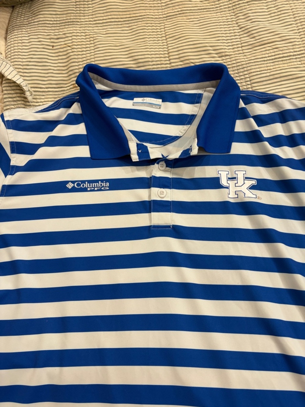 Columbia PFG Golf Polo  Blue and White Striped Polo - University Logo